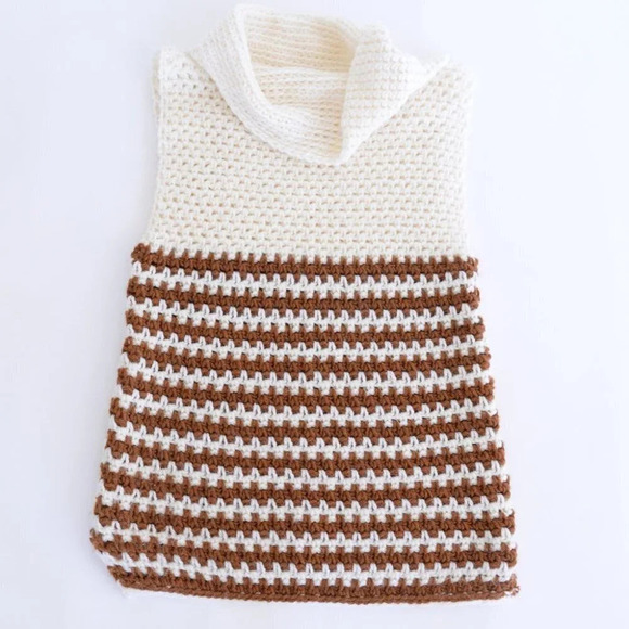Homemade HANDKNIT Turtleneck Cowl Neck Tunic Vest Cream and Brown Woman's - Picture 4 of 11